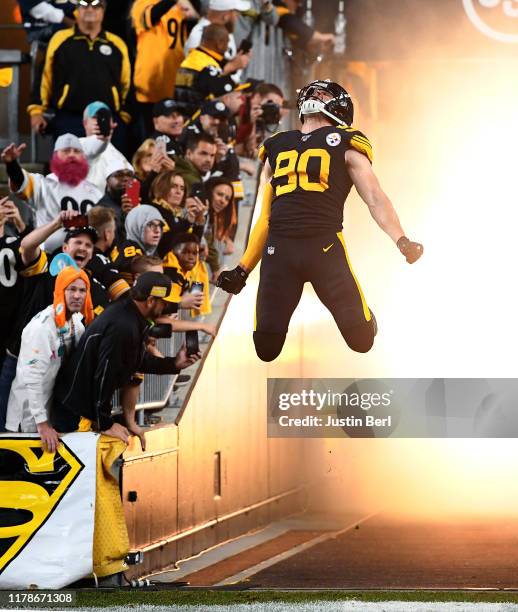 Watt of the Pittsburgh Steelers jumps as he is introduced before the start of the game against the Miami Dolphins at Heinz Field on October 28, 2019...