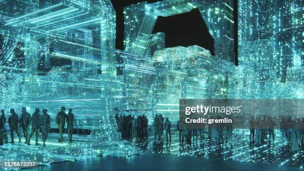 holographic futuristic street with people - hologram city stock pictures, royalty-free photos & images