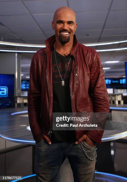 Actor Shemar Moore visits "Extra" at Burbank Studios on October 02, 2019 in Burbank, California.