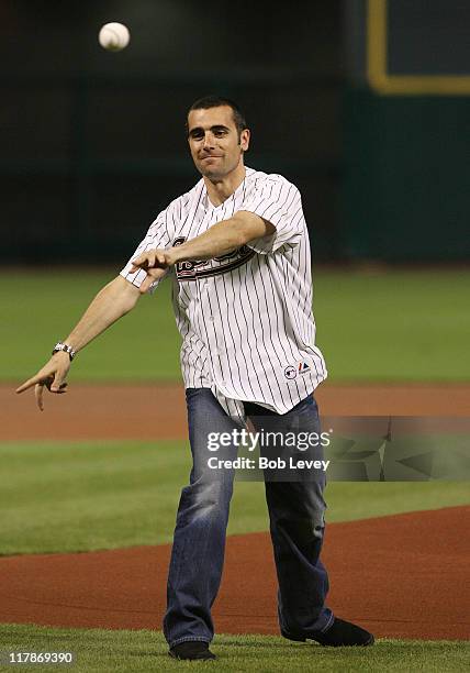 Indy 500 Champion Dario Franchitti throws out the first pitch prior to the Astros and Reds game Wednesday night at Minute Maid Park in Houston, Texas.