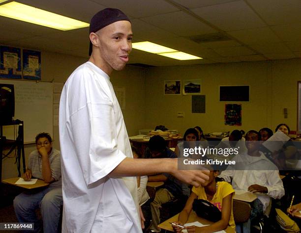 Tayshaun Prince of the Detroit Pistons talks with Dominguez High School students during visit to his alma mater on Monday, June 7, 2004.