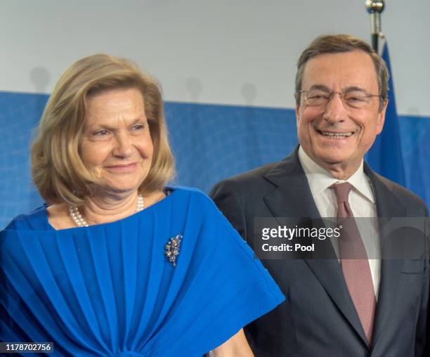 Mario Draghi, outgoing president of the European Central Bank and his wife Serena Draghi during a farewell ceremony for Mario Draghi at the...
