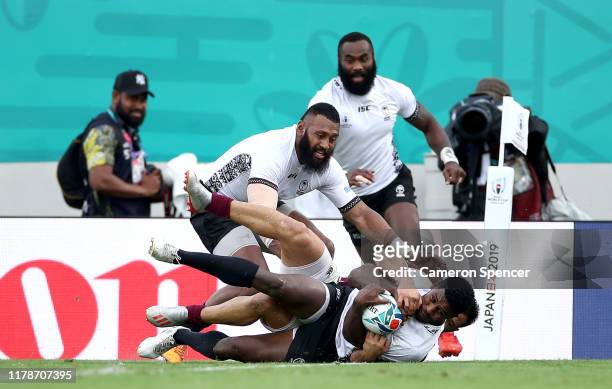 Frank Lomani of Fiji scores his team's second try during the Rugby World Cup 2019 Group D game between Georgia and Fiji at Hanazono Rugby Stadium on...