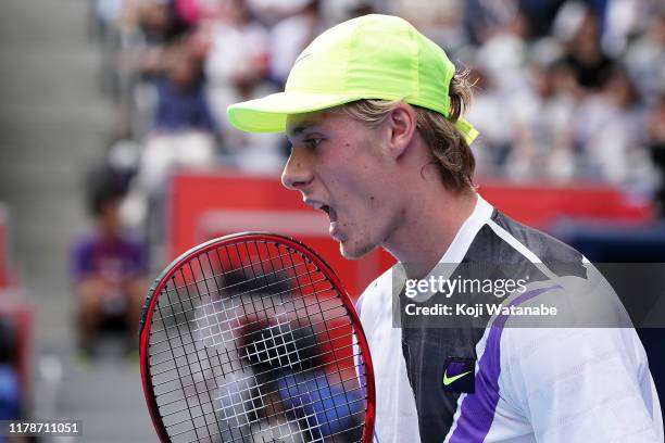 Denis Shapovalov of Canada reacts during his match against David Goffin of Belgium on day four of the Rakuten Open at the Ariake Coliseum on October...