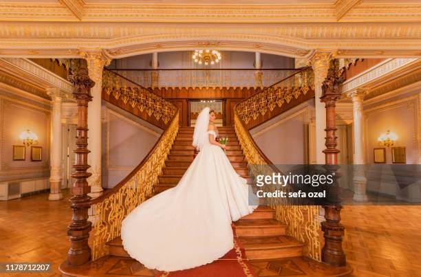 wedding dress and veil - bride in the palace - europe bride stock pictures, royalty-free photos & images