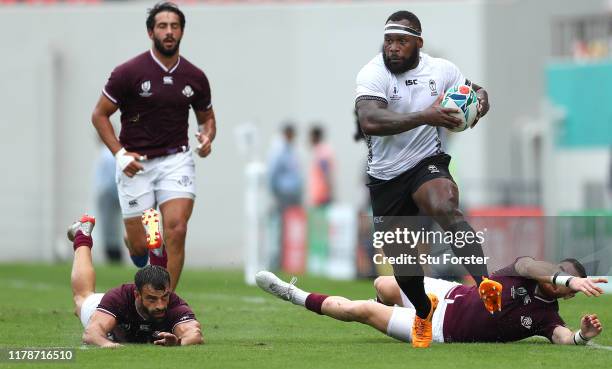 Fiji player Levani Botia makes a break through the Georgia backs during the Rugby World Cup 2019 Group D game between Georgia and Fiji at Hanazono...