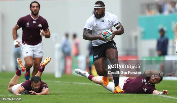 Fiji player Levani Botia makes a break through the Georgia backs during the Rugby World Cup 2019 Group D game between Georgia and Fiji at Hanazono...