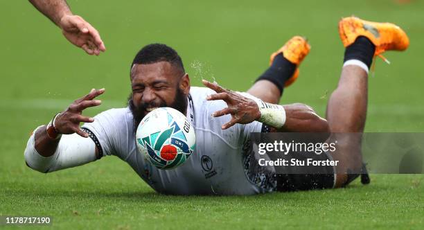Fiji player Waisea Nayacalevu reacts after knocking the ball on during the Rugby World Cup 2019 Group D game between Georgia and Fiji at Hanazono...