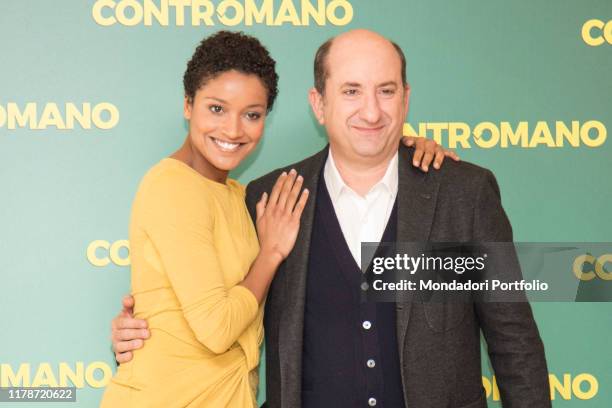 The actress Aude Legastelois and the Italian actor and director Antonio Albanese at the photocall presenting the film Contromano, cinema Anteo....