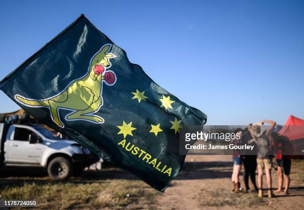 Flag showing a boxing kangaroo attached to a Ute at the 2019 Deni Ute Muster on October 03, 2019 in Deniliquin, Australia. The annual Deniliquin Ute...