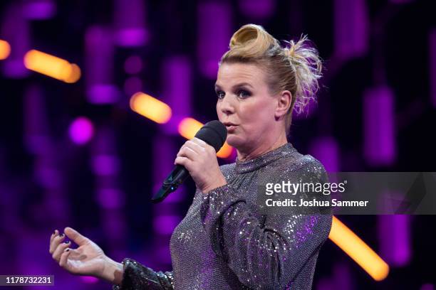 Mirja Boes holds a laudatio during the 23rd annual German Comedy Awards at Studio in Köln Mühlheim on October 02, 2019 in Cologne, Germany.