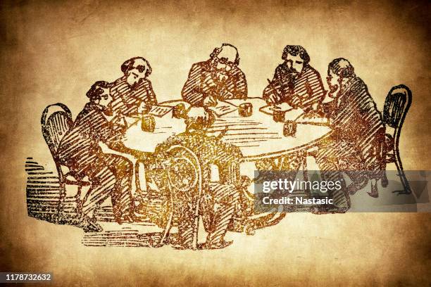 stockillustraties, clipart, cartoons en iconen met politici die aan tafel zitten bespreken - aged tube