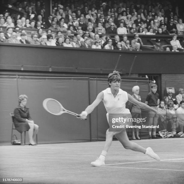 Australian tennis player Margaret Court in action during competition to win the final of the Women's singles tournament to become champion at the...