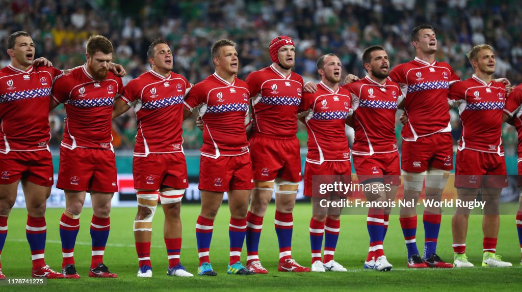 Russian Rugby Ball Russia players line up for the national anthem prior to the Rugby ...