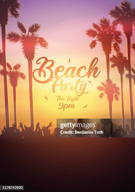 summer beach party poster with tropical beach in the evening - benjamin brand stock illustrations