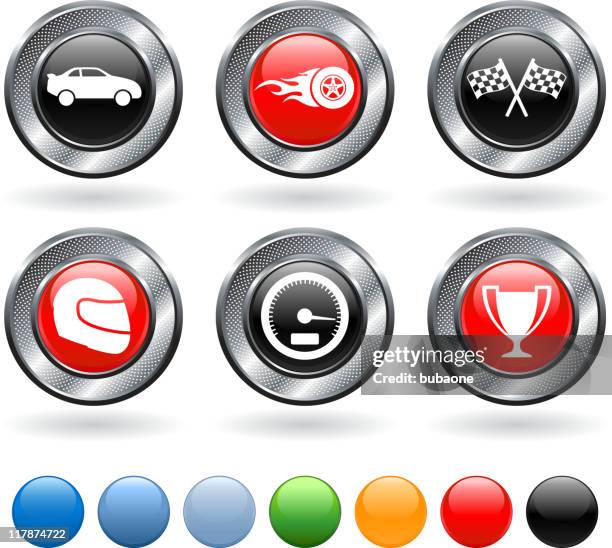 autosport lizenzfreie vektor icon-set mit metallic-knöpfen - auto silber stock-grafiken, -clipart, -cartoons und -symbole