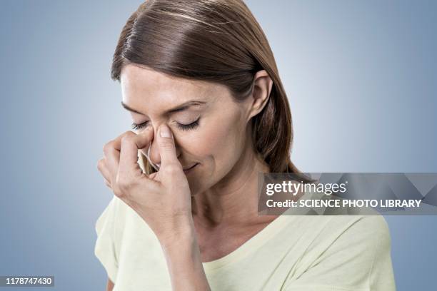 woman touching bridge of nose - sinus stock-fotos und bilder