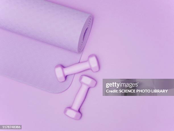 yoga mat and dumbbells - mat stock-fotos und bilder