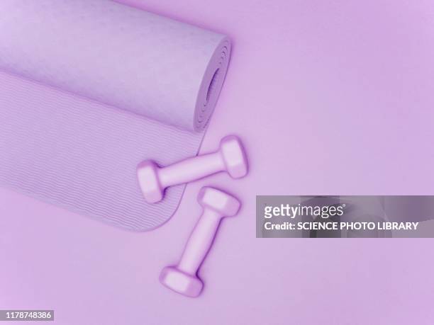 yoga mat and dumbbells - healthcare and medicine from above stock pictures, royalty-free photos & images