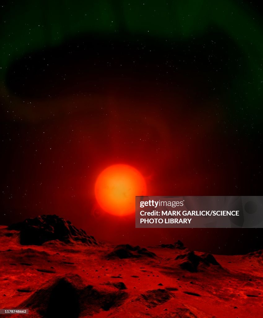 Red dwarf seen from a planet, illustration