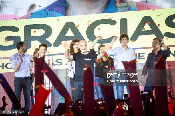 Horacio Rodigrez Larreta, Diego Santilli, Martin lousteau during an election night rally in the Chacarita neighborhood of Buenos Aires, Argentina, on...