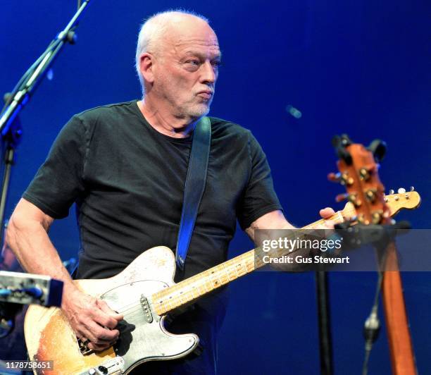 David Gilmour joins Richard Thompson on stage at his 70th Birthday Celebration show at the Royal Albert Hall on September 30, 2019 in London, England.