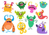 Cute cartoon Monsters. Set of cartoon monsters: goblin or troll, cyclops, ghost,  monsters and aliens. Halloween design