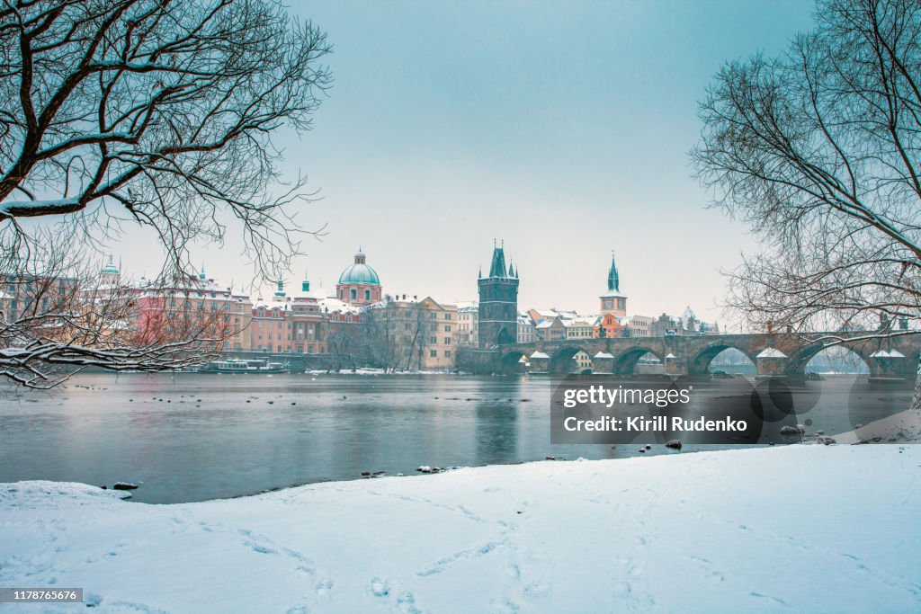 Charles Bridge and Vltava river in winter