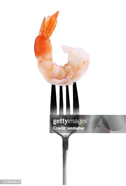 one shrimp on a fork on white background - fork stock pictures, royalty-free photos & images