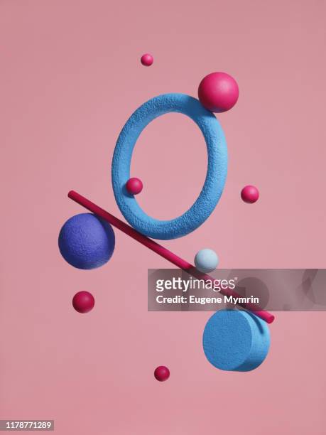 abstract multi-colored objects on colored background - solid shape stock pictures, royalty-free photos & images