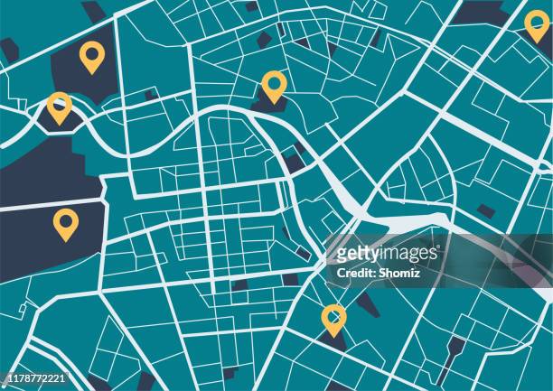 ilustraciones, imágenes clip art, dibujos animados e iconos de stock de mapa de la ciudad con iconos de navegación - road map