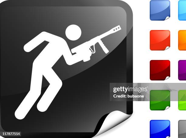 man running with a gun icon on sticker - paintball player stock illustrations