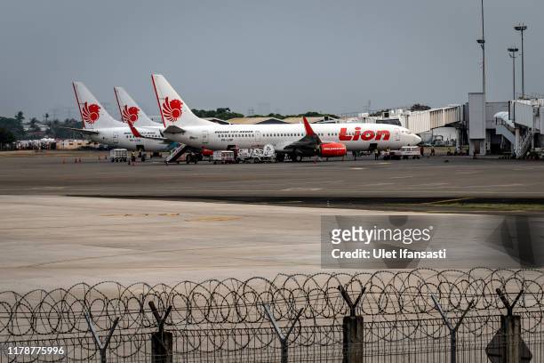 View of a Lion Air aircraft at Soekarno Hatta International Airport on the first anniversary of the Lion Air flight JT-610 crash on October 27, 2019...