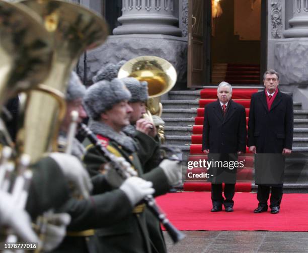 President of Ukraine Viktor Yushchenko and his Polish counterpart Lech Kaczynski review a parade an honour guard parade after their meeting in Kiev...