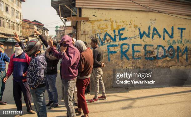 Kashmiri Muslim protesters shout anti Indian and pro Kashmir freedom slogans during a protest against Indian, on October 29, 2019 in Srinagar, the...