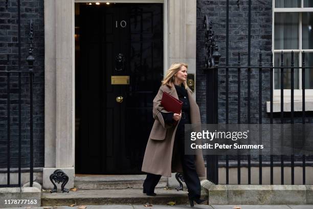 Minister of State for Housing and Planning Esther McVey leaves Downing Street after a Cabinet Meeting on October 29, 2019 in London, England. Later...