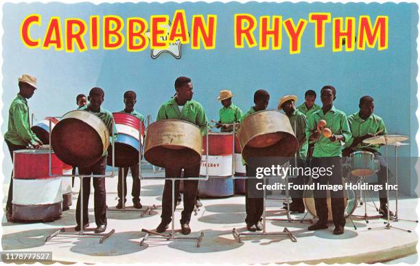 Postcard entitled Caribbean Rhythm, depicting musicians and a steel drum band.