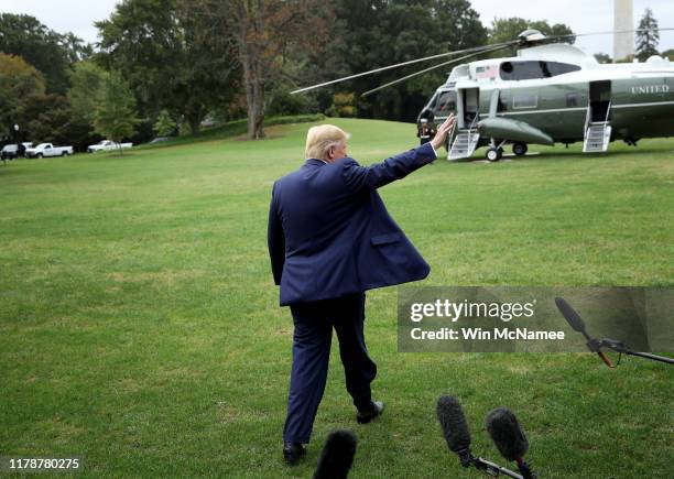 President Donald Trump waves while departing the White House on October 03, 2019 in Washington, DC. Trump is scheduled to travel to Florida today...