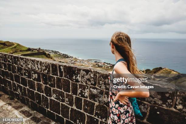 tween girl looks at gorgeous view on st kitts cruise port stop - saint kitts and nevis stock pictures, royalty-free photos & images