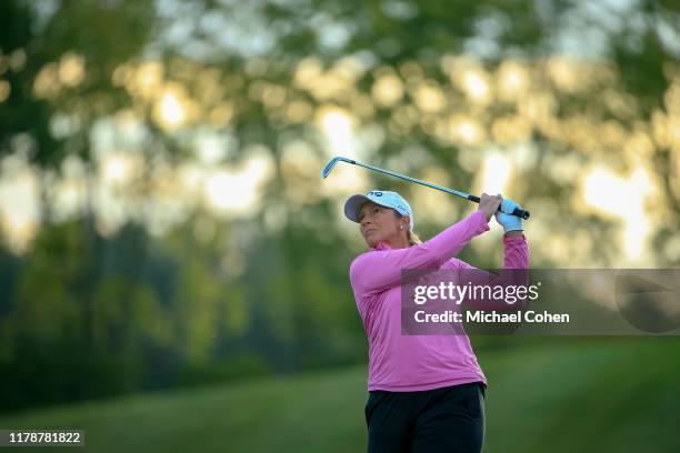 Angela Stanford hits a shot after sunrise during the second round of the Indy Women In Tech Championship Driven by Group 1001 held at the Brickyard...