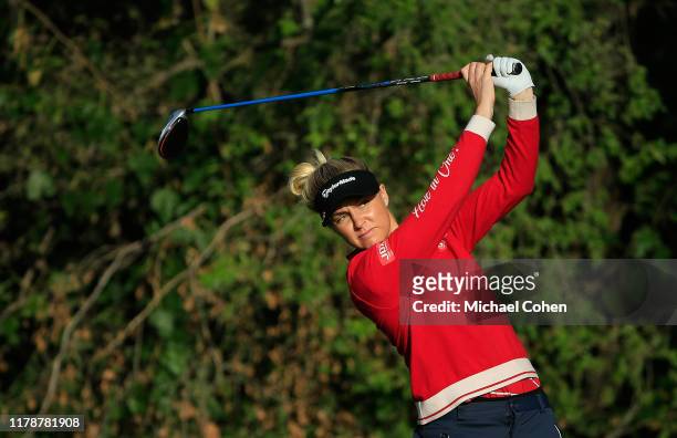 Charley Hull of England hits her drive during the second round of the Indy Women In Tech Championship Driven by Group 1001 held at the Brickyard...