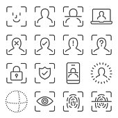 Face Scan Security icons set vector illustration. Contains such icon as Fingerprint Scan, Face Recognition, Eye Scan, Biometric Identity and more. Expanded Stroke