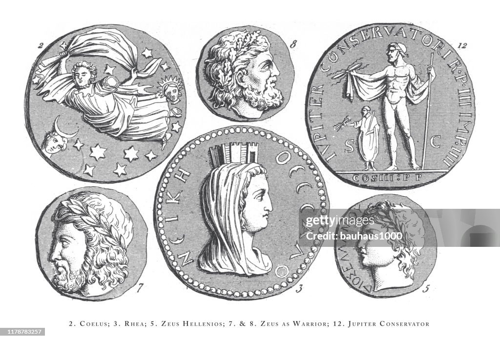 Coelus, Rhea, Zeus Hellenios, Zeus as Warrior, Jupiter Conservator, Legendary Scenes and Figures from Greek and Roman Mythology Engraving Antique Illustration, Published 1851