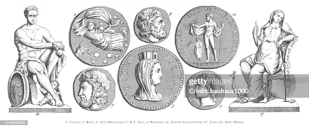 Coelus, Rhea, Zeus Hellenios, Zeus as Warrior, Jupiter Conservator, Juno, Ares (Mars), Legendary Scenes and Figures from Greek and Roman Mythology Engraving Antique Illustration, Published 1851