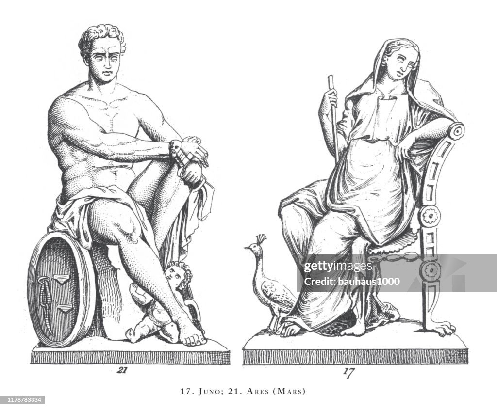 Ares (Mars), Juno, Legendary Scenes and Figures from Greek and Roman Mythology Engraving Antique Illustration, Published 1851