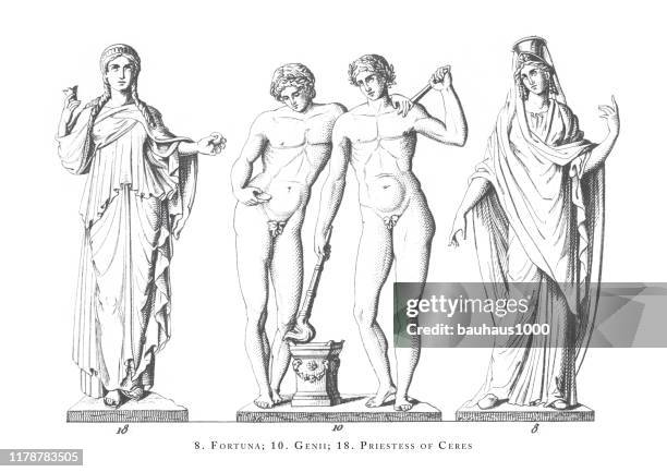 ilustrações de stock, clip art, desenhos animados e ícones de fortuna, genii, priestess of ceres, greek and roman gods and religious paraphernalia engraving antique illustration, published 1851 - deuses