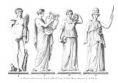 Pallas Athene, Ceres (Demeter), The Muse Erato, Naiad, Greek and Roman Gods and Religious Paraphernalia Engraving Antique Illustration, Published 1851