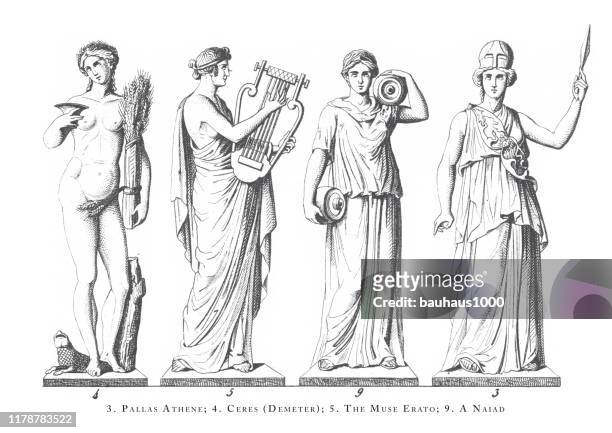 pallas athene, ceres (demeter), the muse erato, naiad, greek and roman gods and religious paraphernalia engraving antique illustration, published 1851 - greek gods stock illustrations