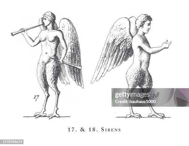 sirens, classical legends and mythological figures engraving antique illustration, published 1851 - minerva stock illustrations