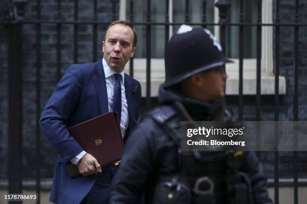 Matt Hancock, U.K. Health secretary, departs following a meeting of cabinet ministers in number 10 Downing Street in London, U.K., on Tuesday, Oct....
